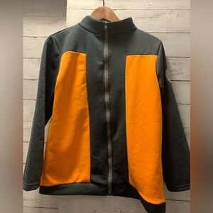 Naruto full zip jacket. Orange and gray with patch on sleeve & back.